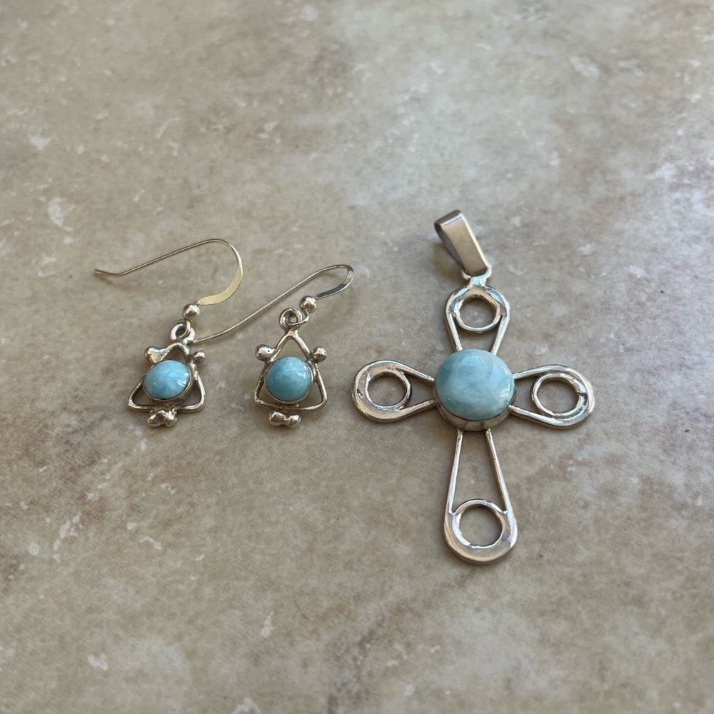 Larimar Blue/Sterling Silver Cross pendant and earrings